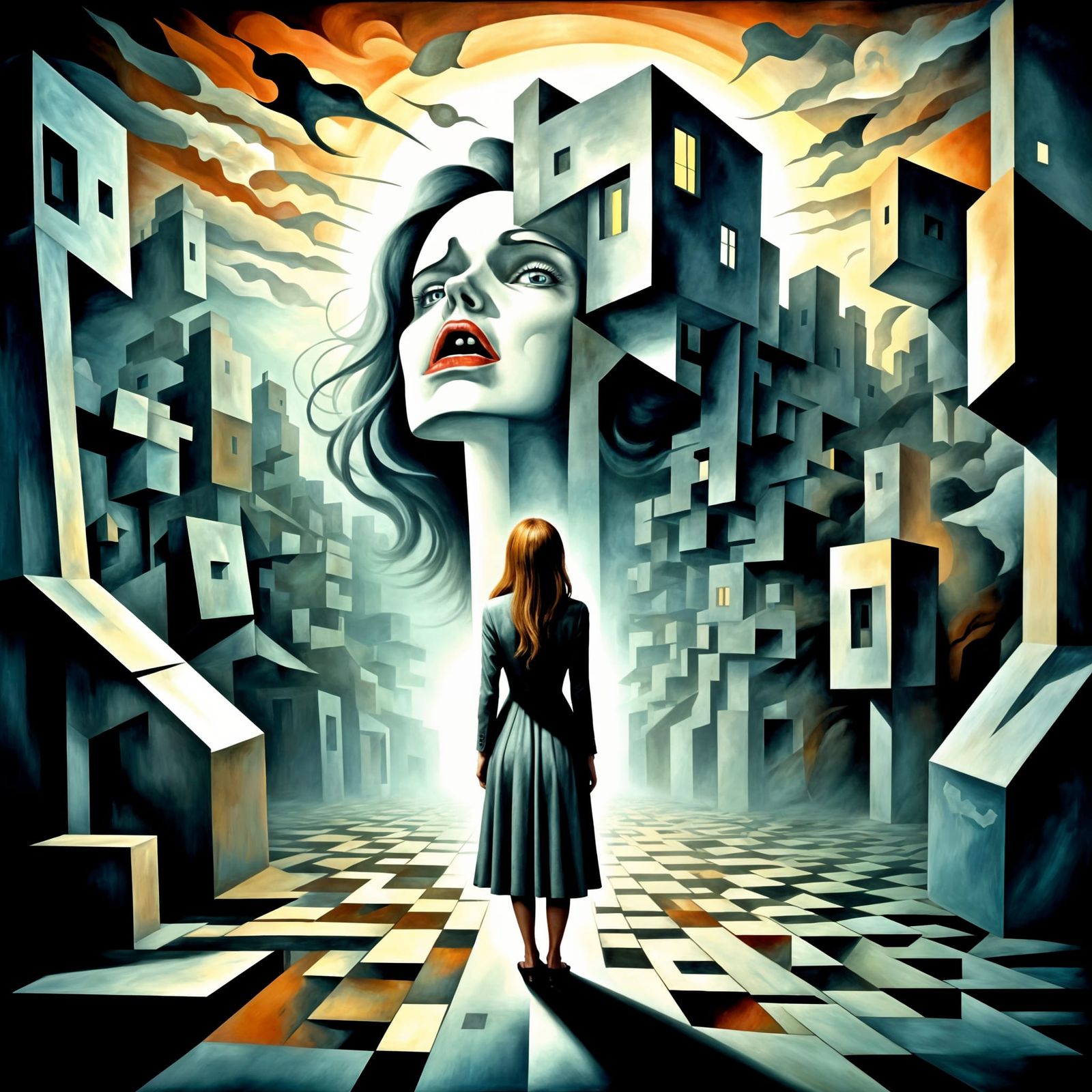Surreal Cubist Dreamscape with Terrified Woman