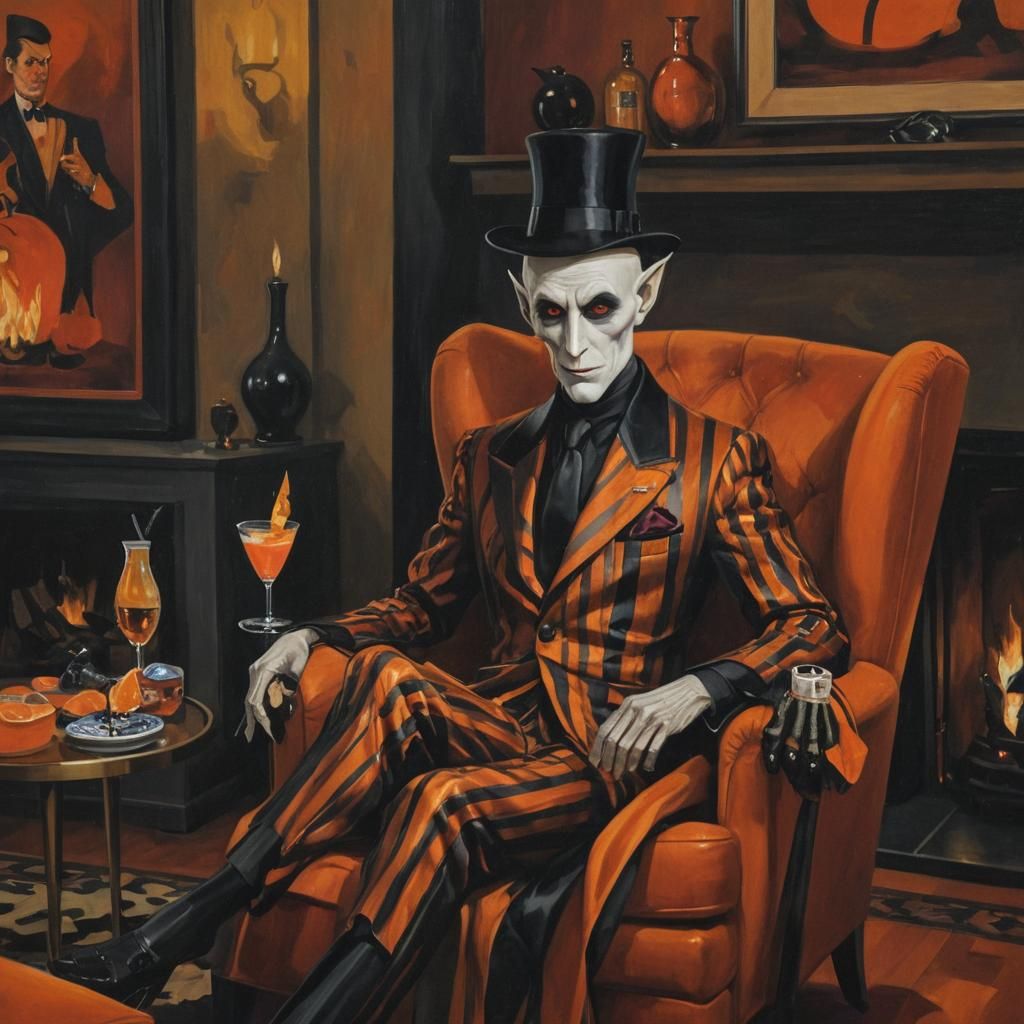 Nosferatu in Retro-Futuristic Halloween Lounge, as Pop Art