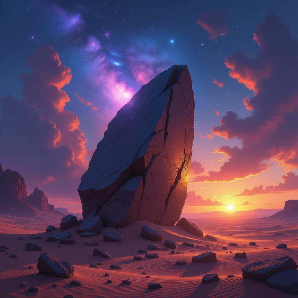 Ancient Cosmic Artifact in Desert Under Binary Sunset