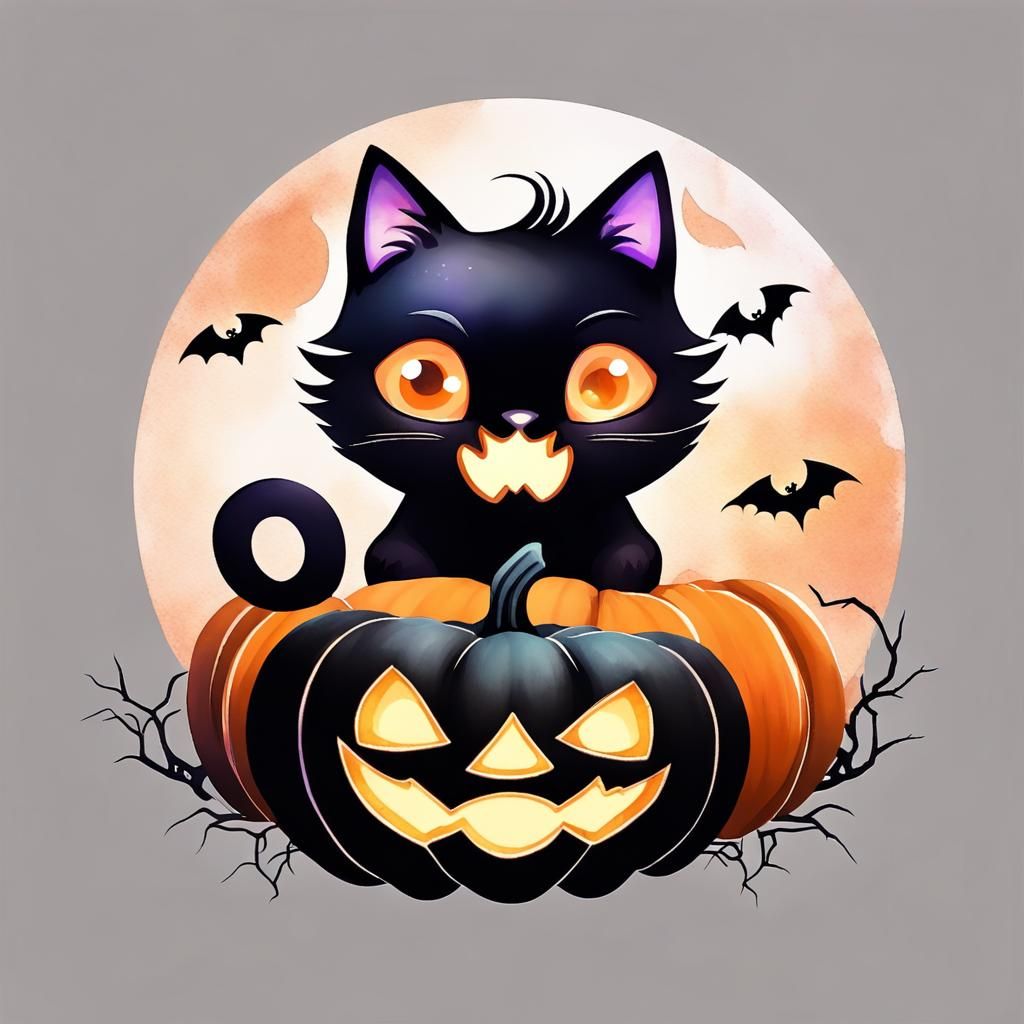 Cute Halloween Logo with Black Cat and Pumpkin