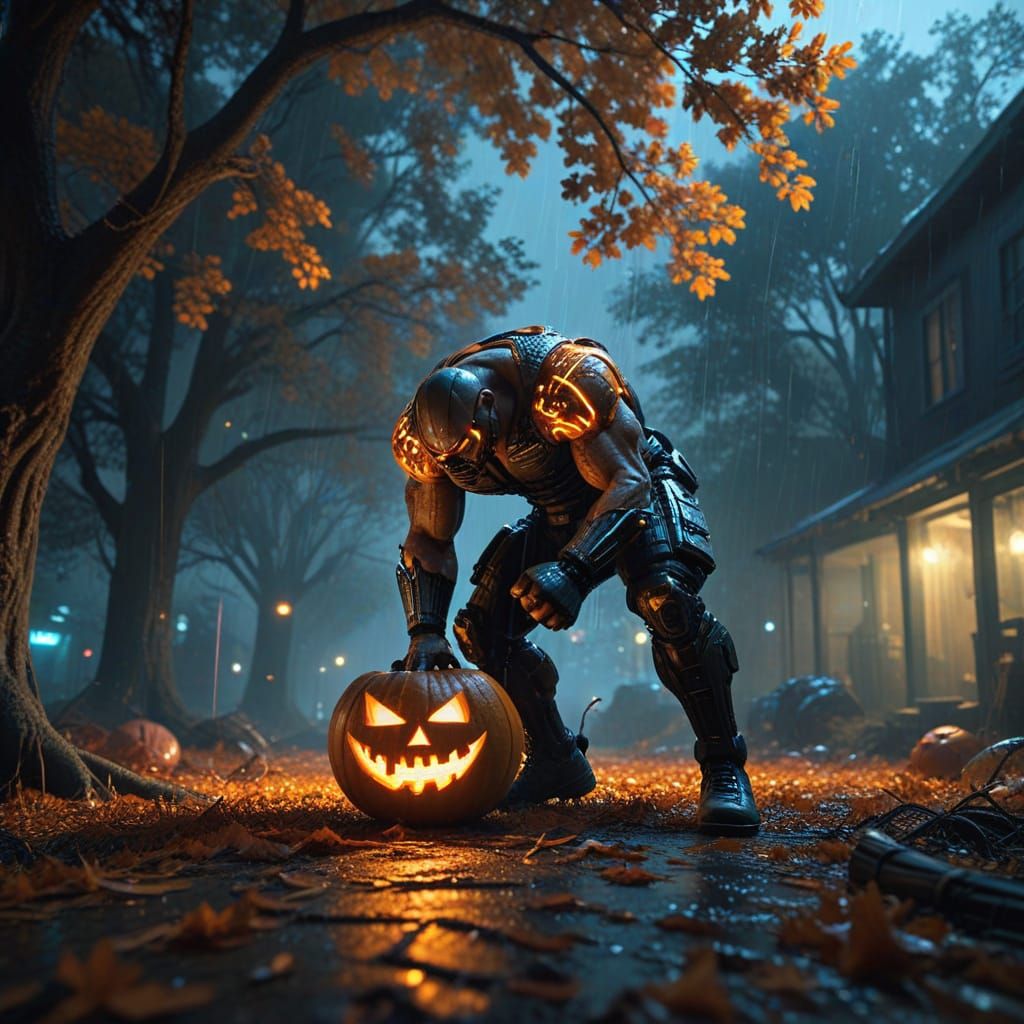 Cyberpunk Boxer Carves Neon Pumpkin Under Oak Tree