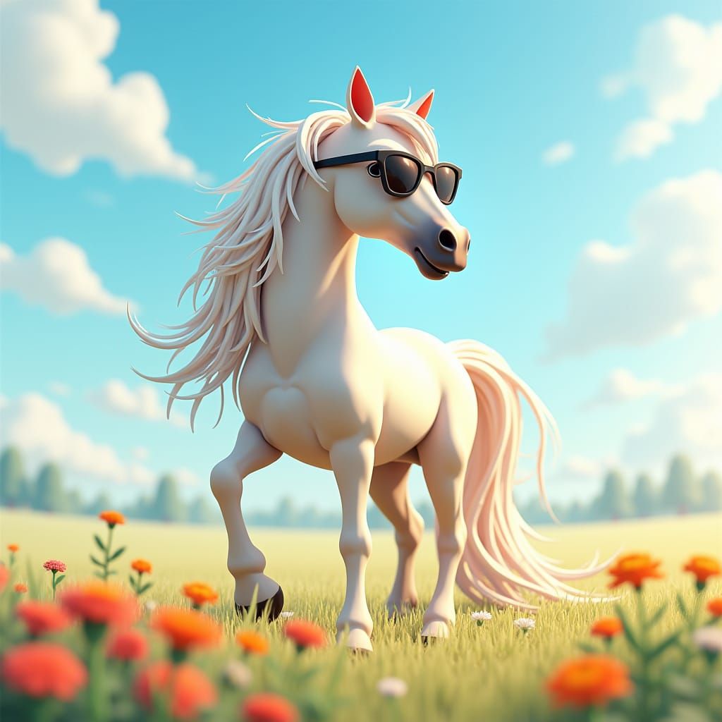 Horse with White Mane and Sunglasses in Sunny Field