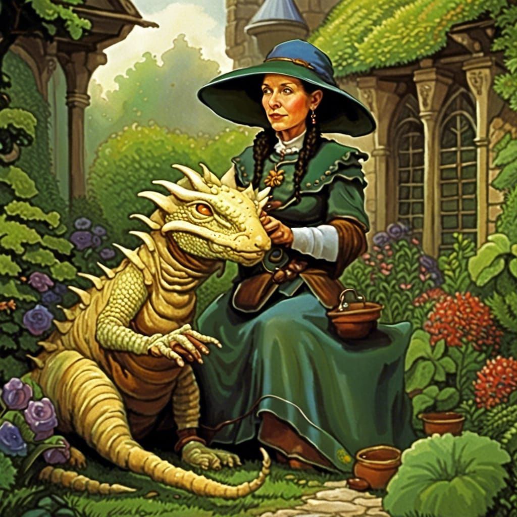 Lady Vimes with Dragon in Garden Scene