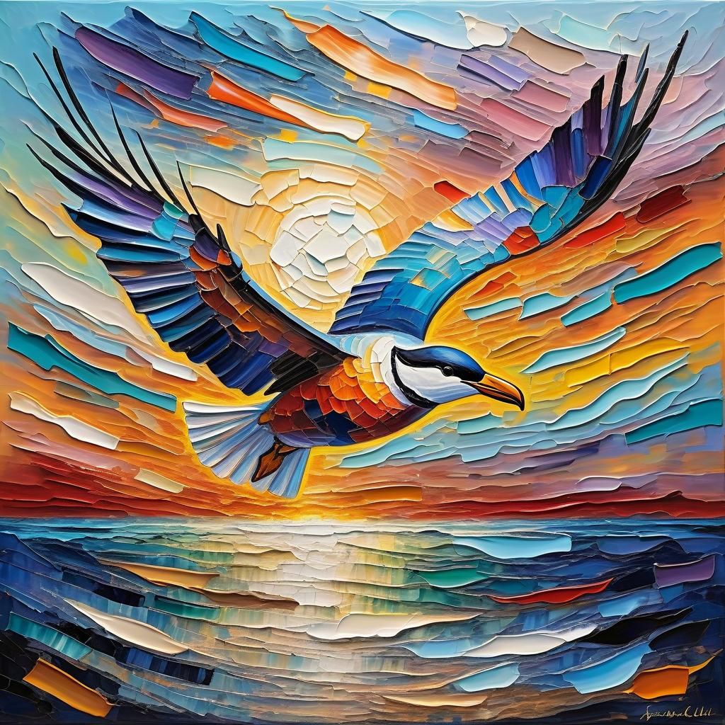 Seabird in Flight: Neo-Impressionist Oil Painting