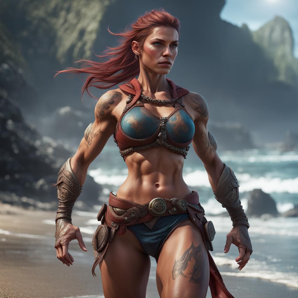 Muscular Woman on Beach: Fantasy Concept Art