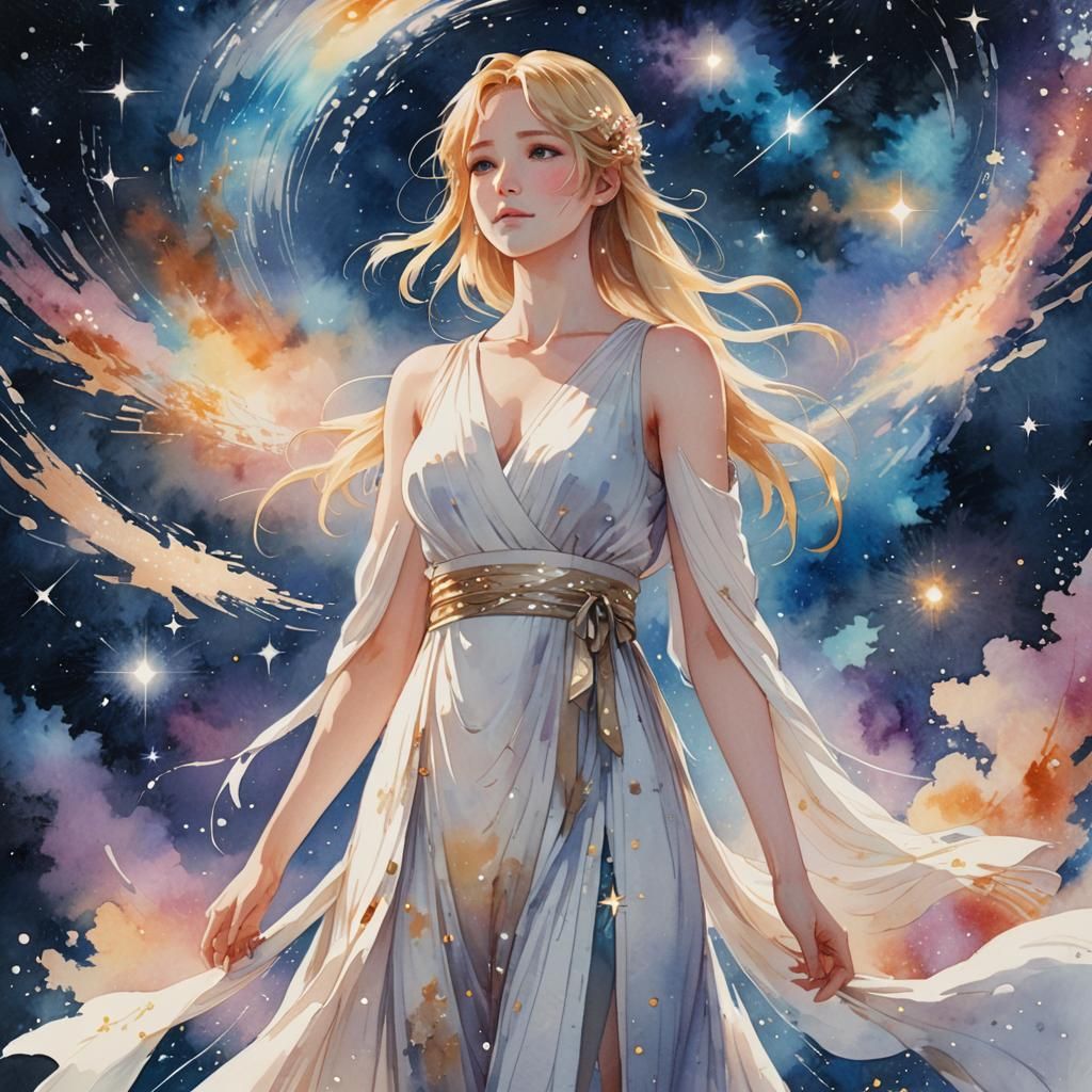 Blonde Goddess in Watercolor Galaxy Art