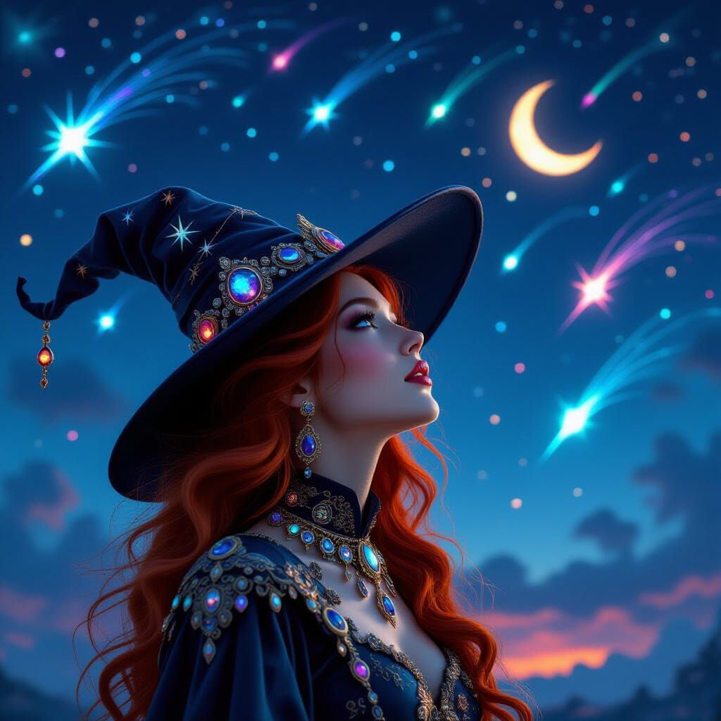 Redhead Witch Gazing at a Starry Night Sky