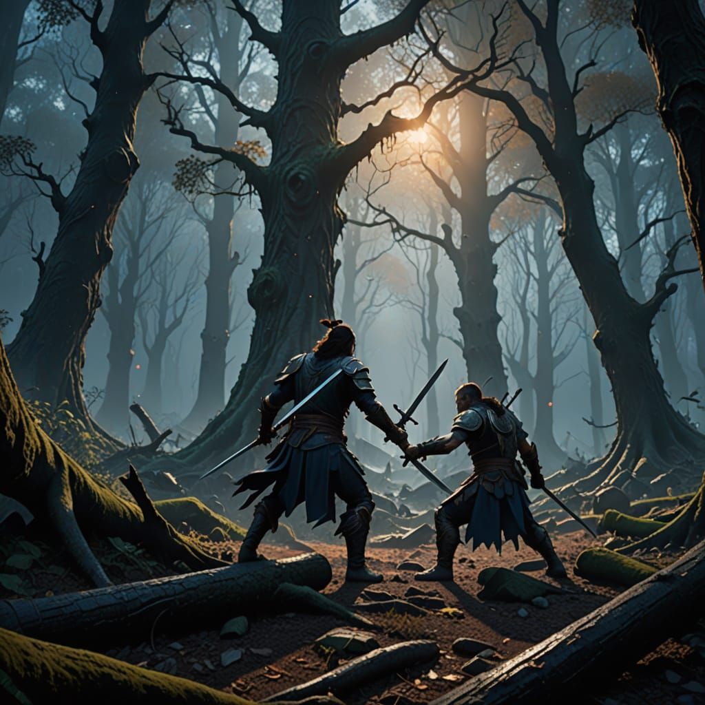 Fantasy Warriors Clash in Golden Hour, Mystic Forest