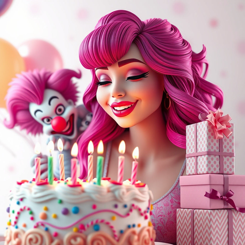 Magenta Woman Celebrates Birthday with Pink Clown