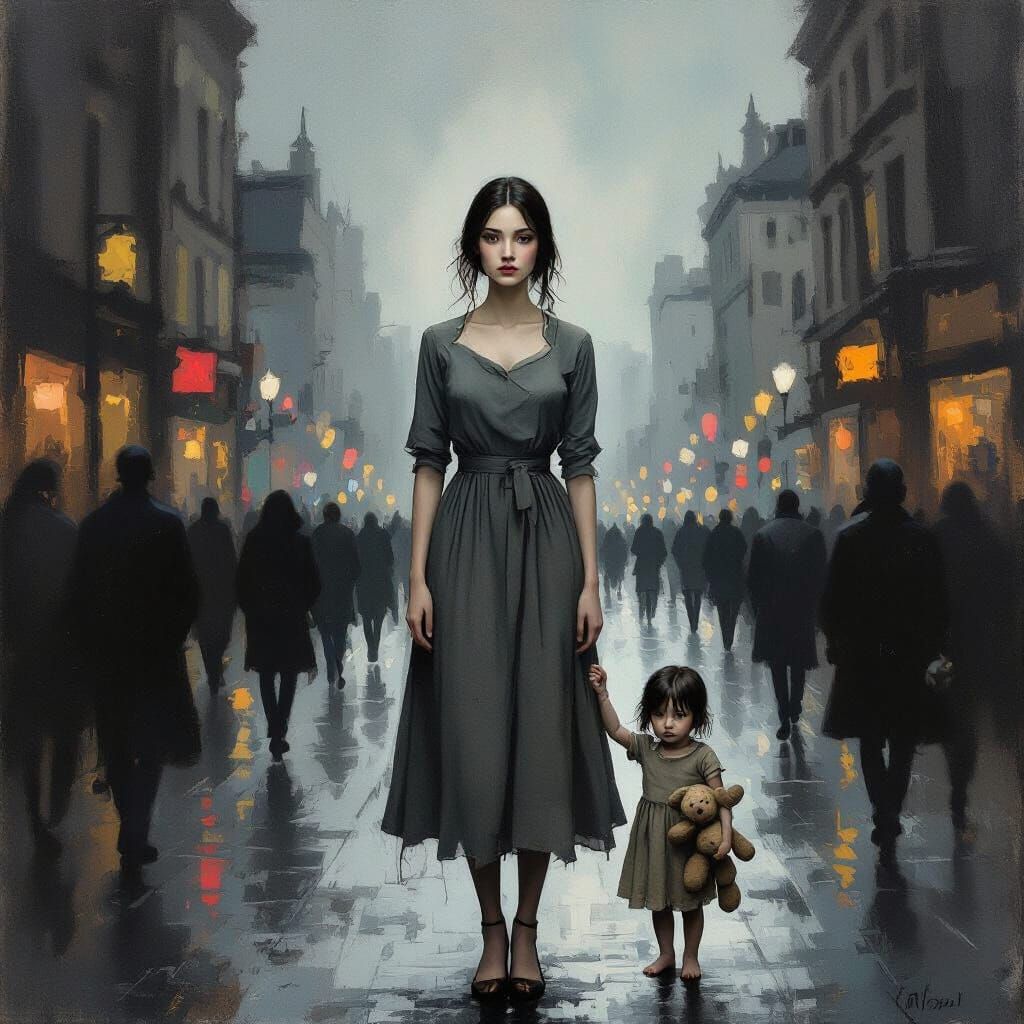 Woman in City Street with Childhood Silhouette