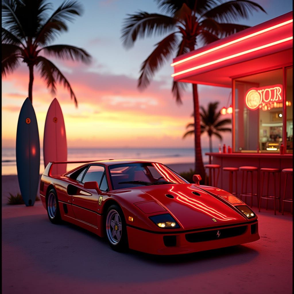 Ferrari F40 Under Miami Sunset: Retro-Futuristic Vibe