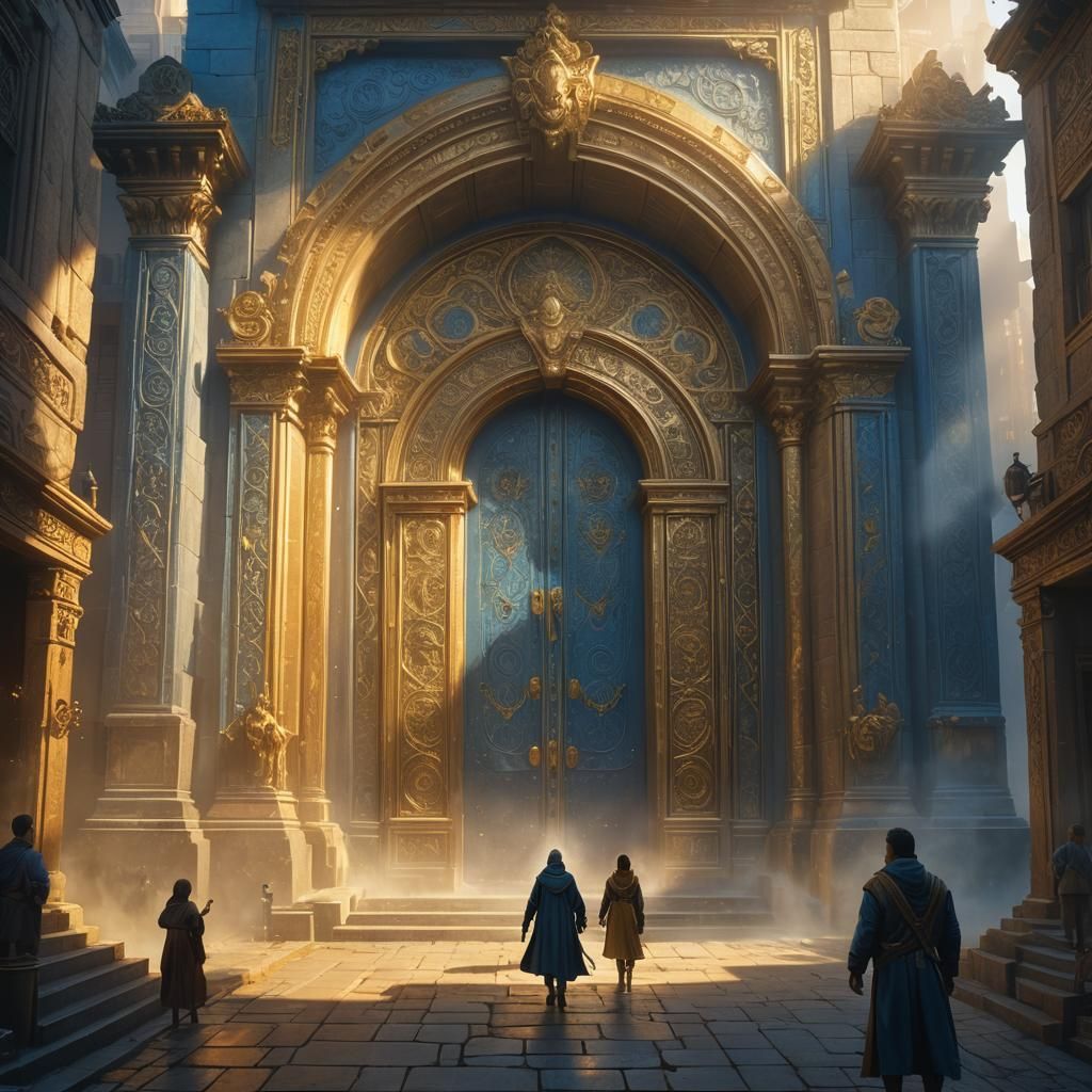 Majestic Doors Open in Vibrant Fantasy Cityscape