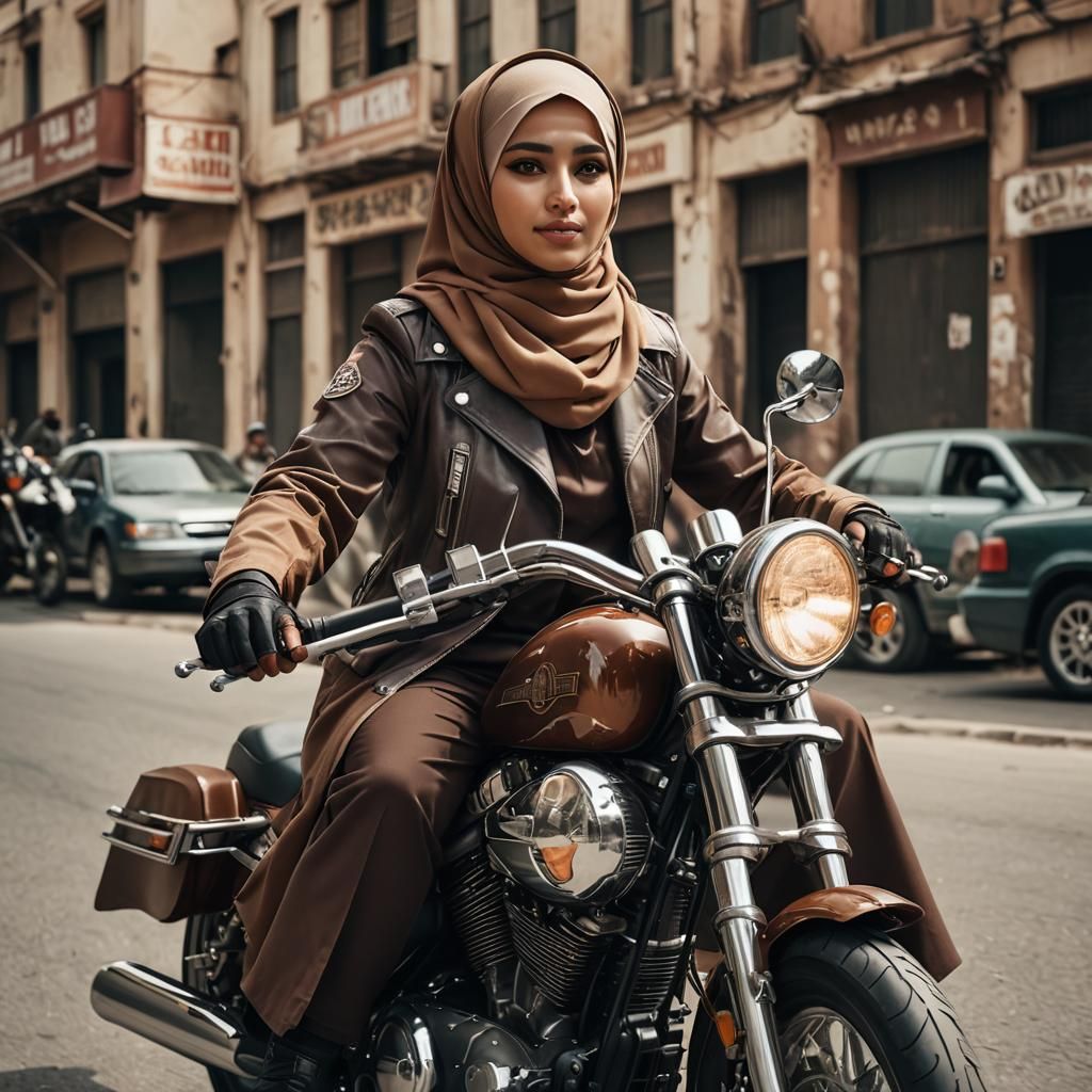 Woman in Hijab Rides Harley Davidson: Cinematic