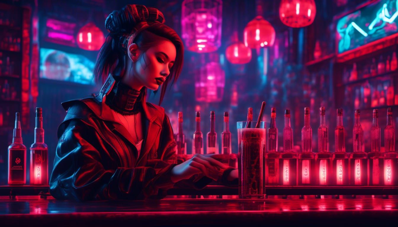 Cyberpunk Woman Serves Drinks in Minimalist Bar