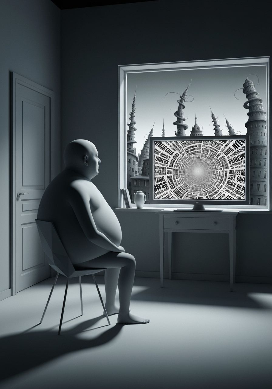 Absurdist Scene: Man Stares at Vortex News