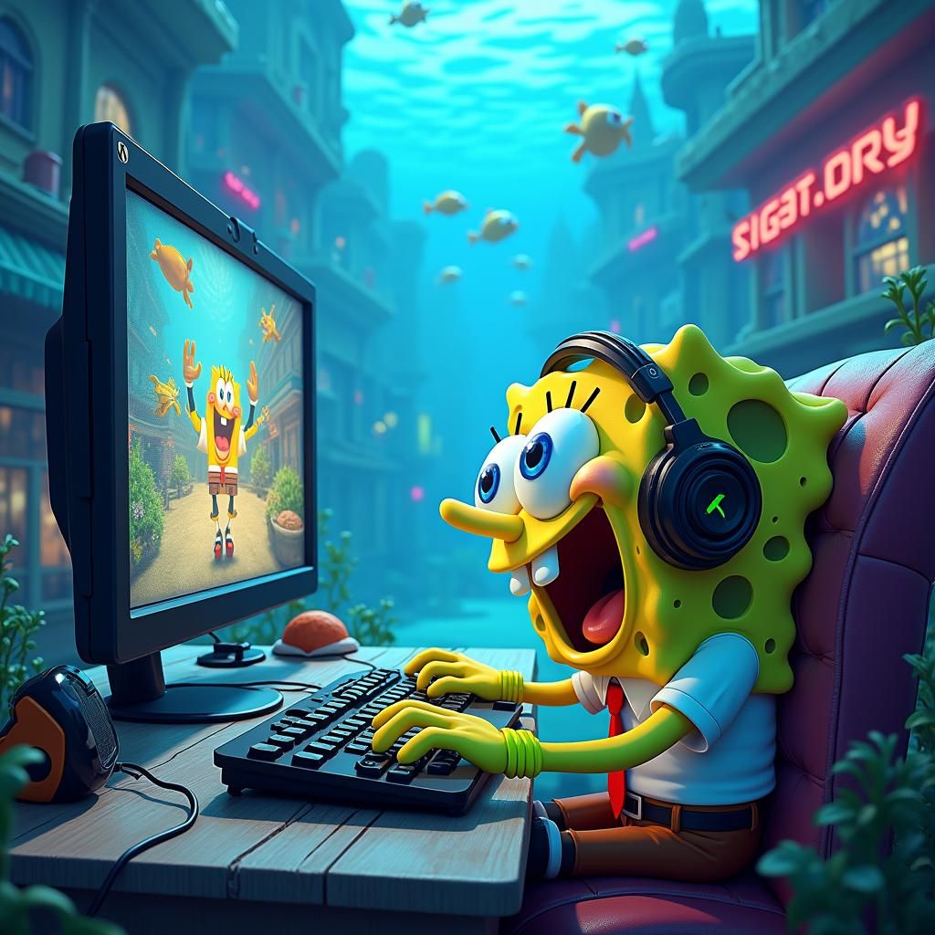 SpongeBob Gaming in Dreamlike Underwater Cityscape