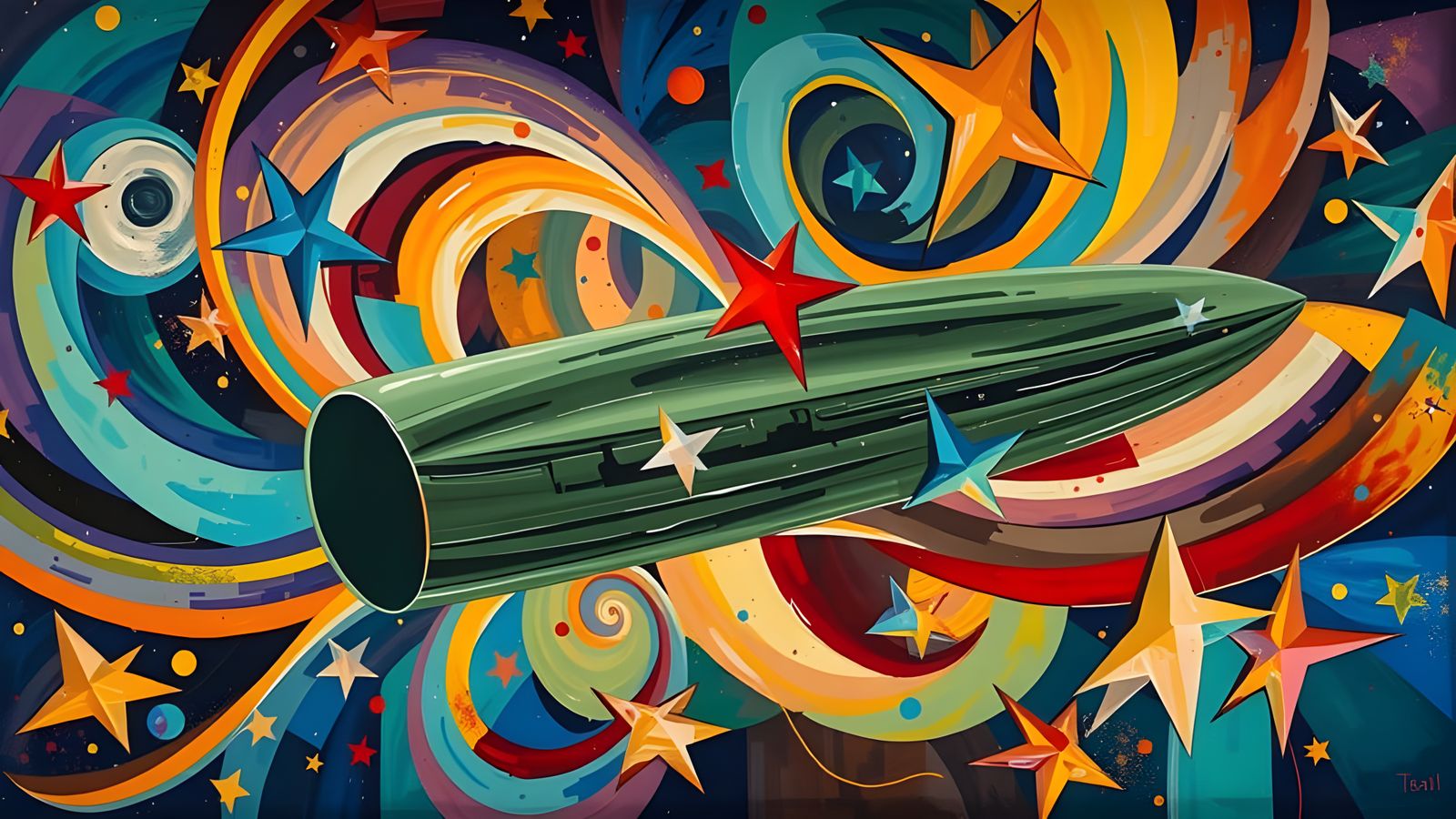 Vibrant Abstract Expressionist Vortex with Metallic Cylinder