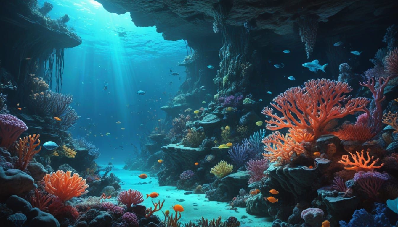 Curious Underwater Creatures in Glowing Coral Reef