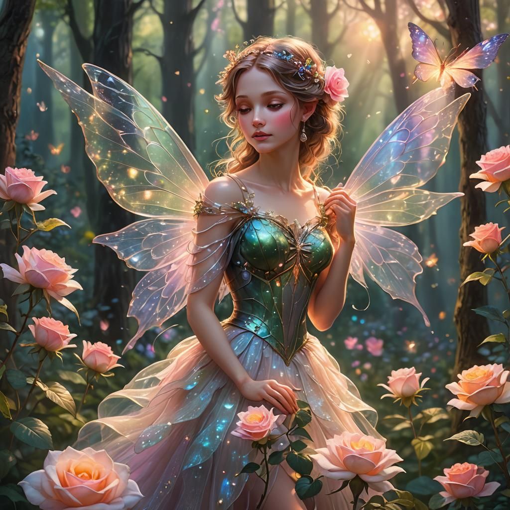 Ethereal Fairy on a Rose in Bokeh-Lit Glade