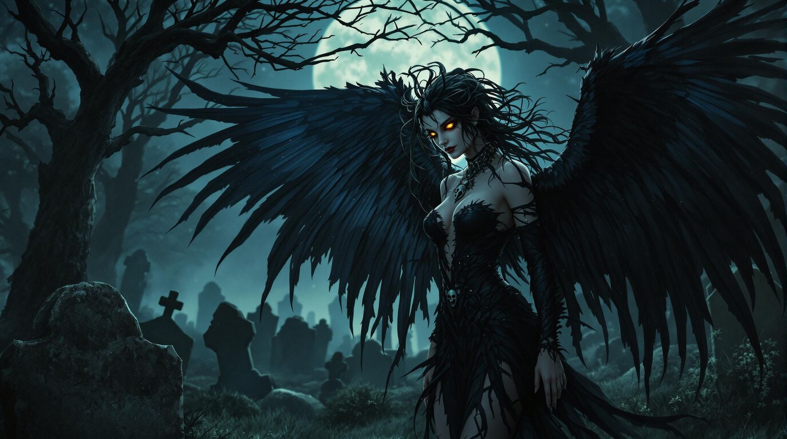 Gothic Fairy with Raven Wings in Graveyard