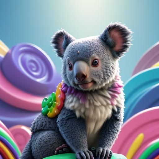Candy Koala on Swirl Mountain: Hyperrealistic Splash Art