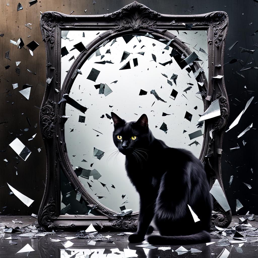 Eerie Black Cat and Broken Mirror Reflection