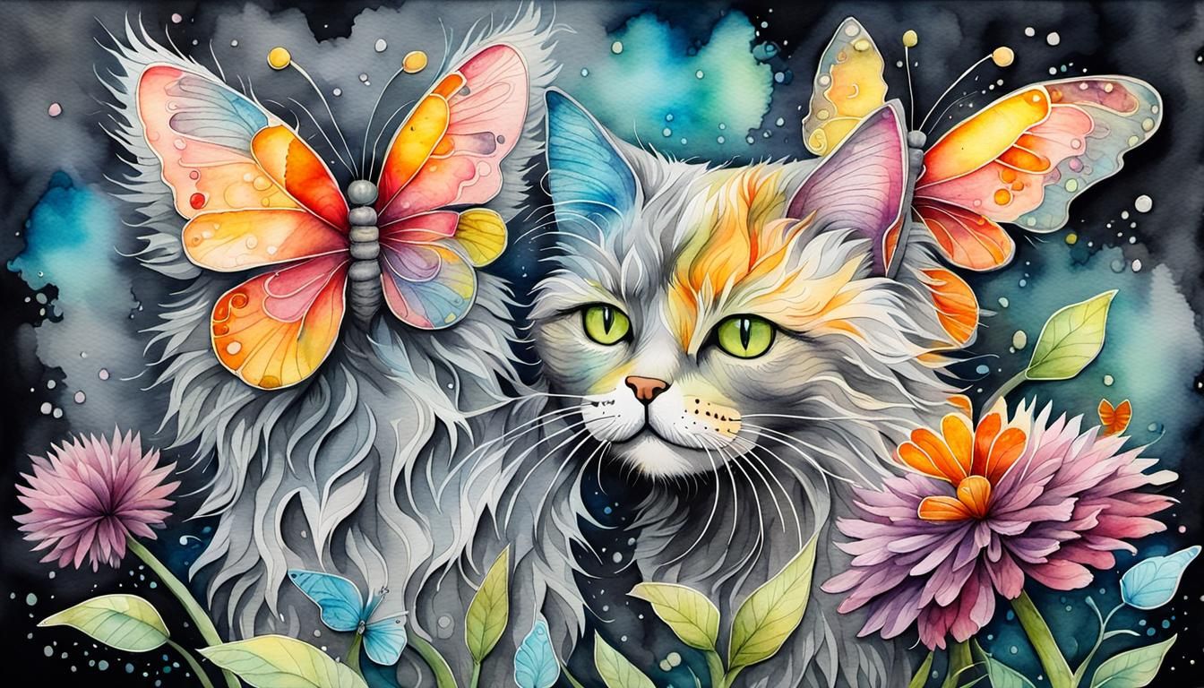 Grey Cat with Butterflies: Watercolor and Ink Art