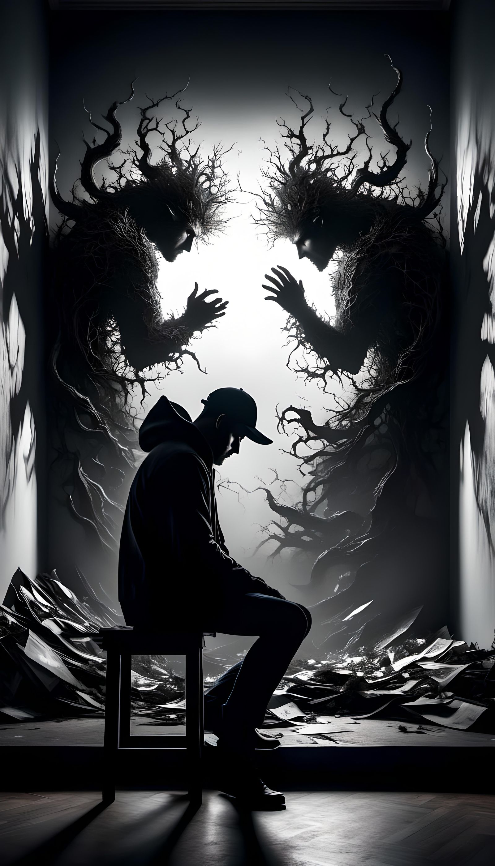 Distraught Man with Demon Shadow: Mental Illness