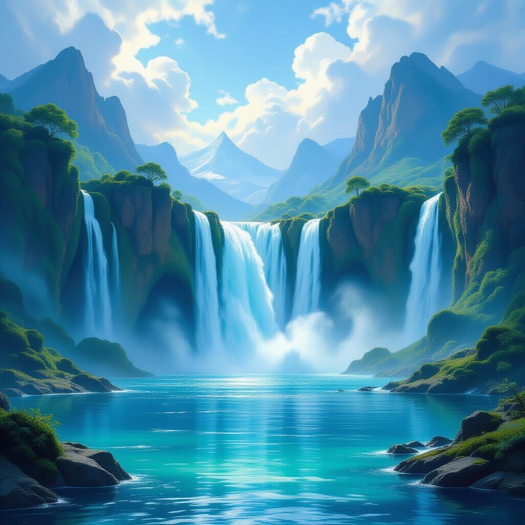 Majestic Hidden Waterfall in Azure Pool, Tolkienesque Fantas...