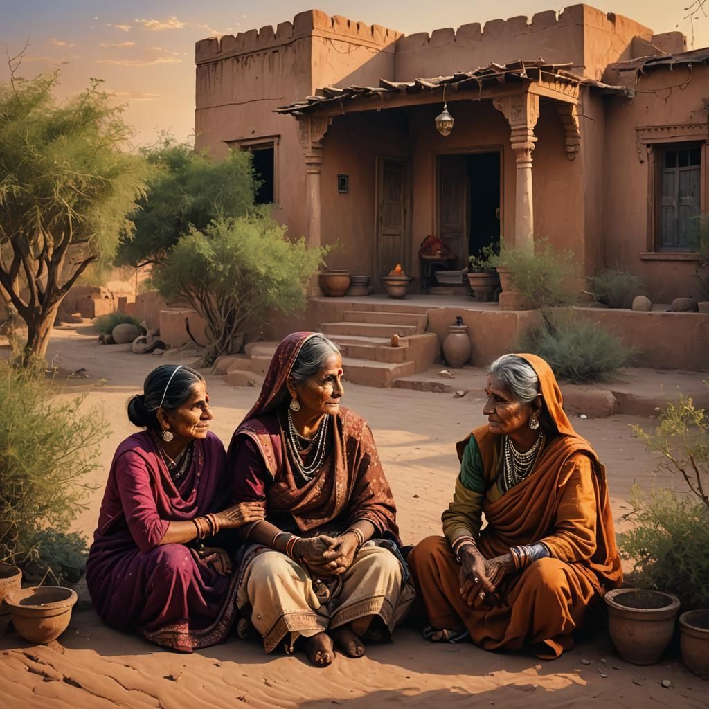 Rajasthan Women in Desert Home at Sunset
