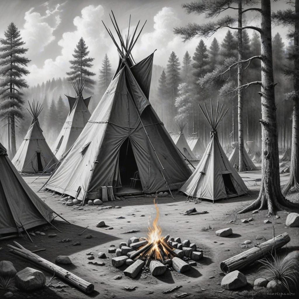Native American Campsite in Charcoal Drawing