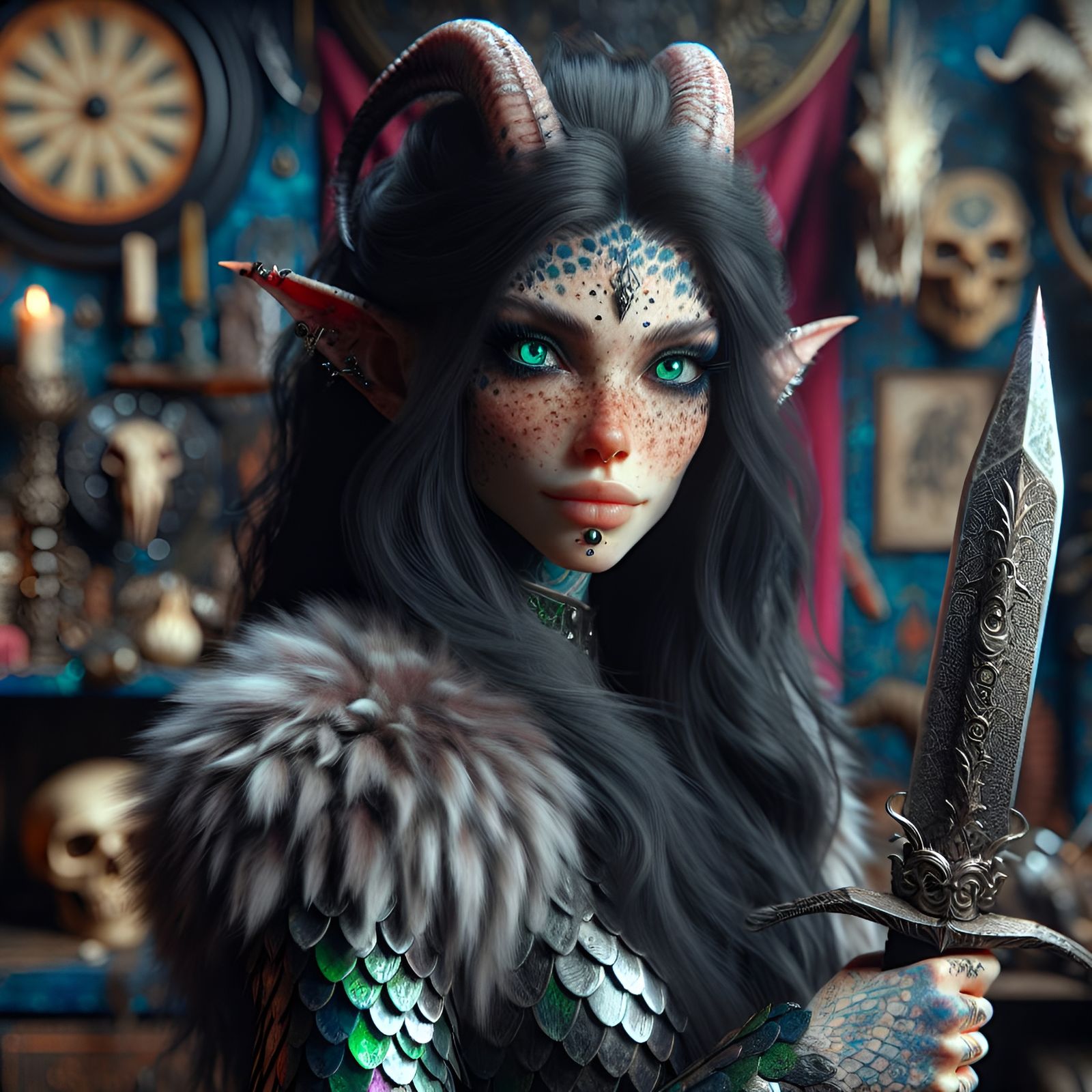 Female Demon with Tattoos and Sword in Fantasy Room