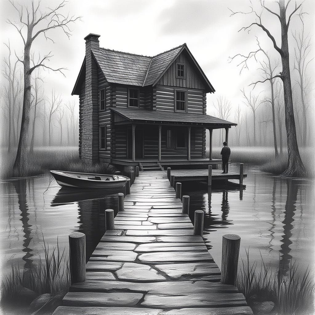 Log Cabin on Swamp Island with Dock