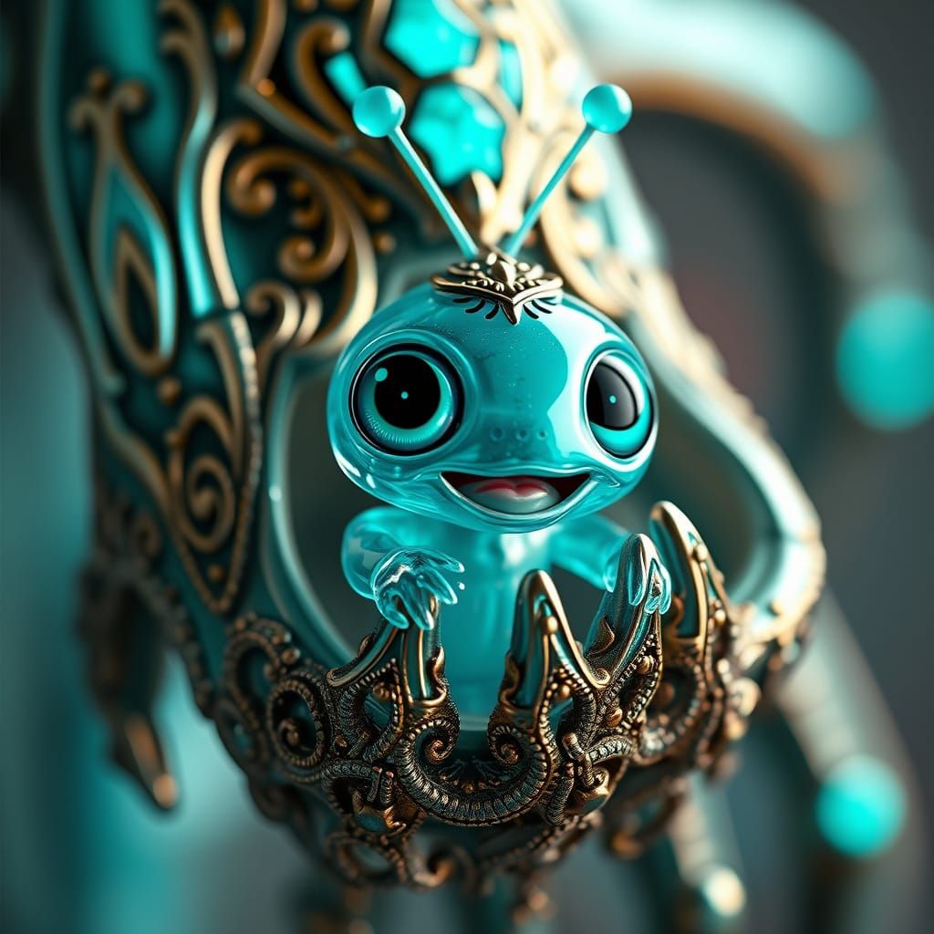 Chrome Alien Hand Cradling Turquoise Creature