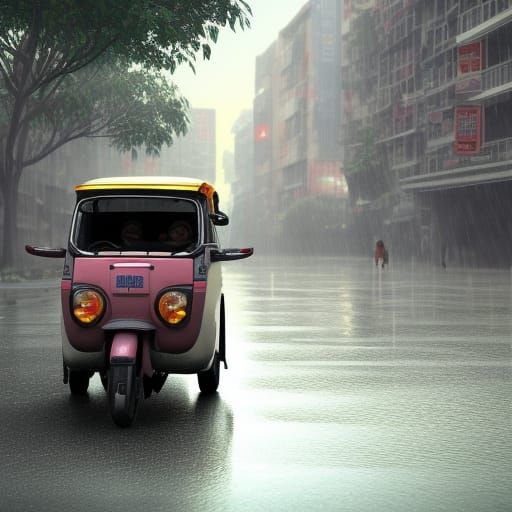 Tuk Tuk in Jakarta Rainstorm: Fantasy Concept Art