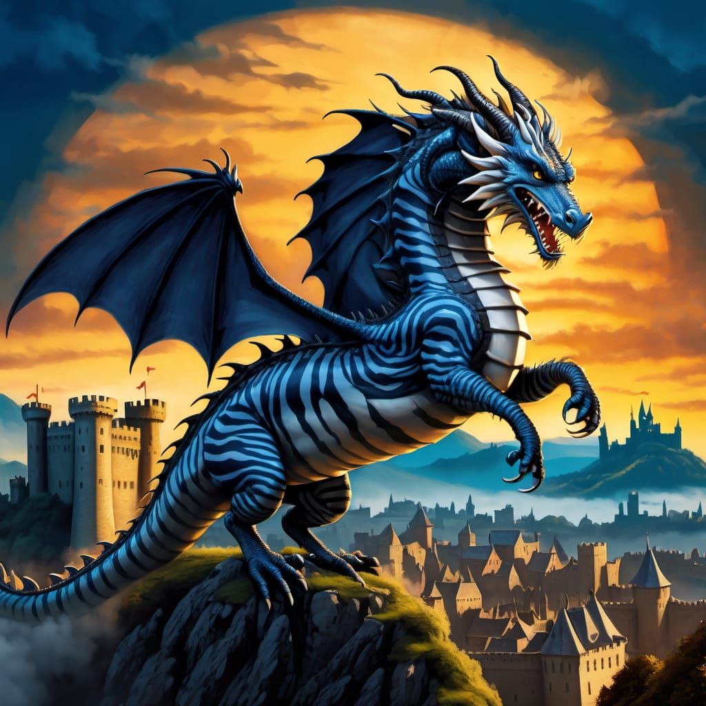 Zebra Dragon Soars Over Medieval Castle