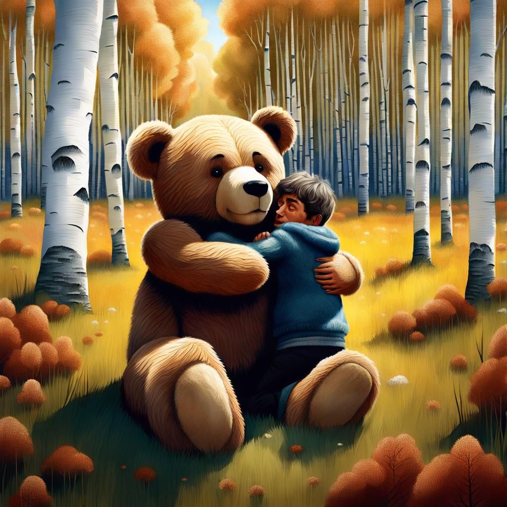 Giant Teddy Bear Hugs Crying Man, Pixar Style