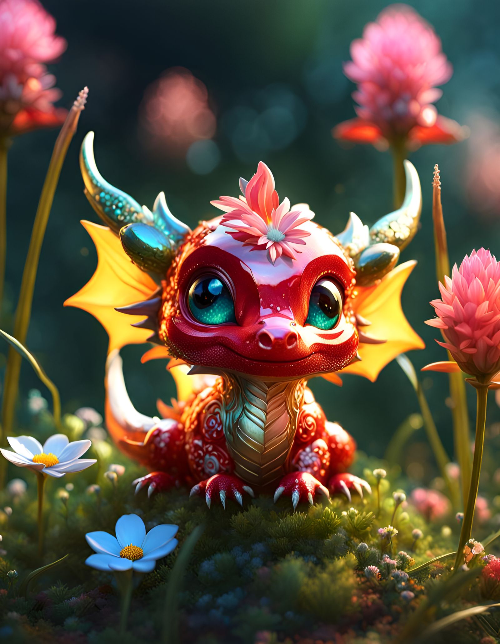 Adorable Chibi Flower Dragon Asleep