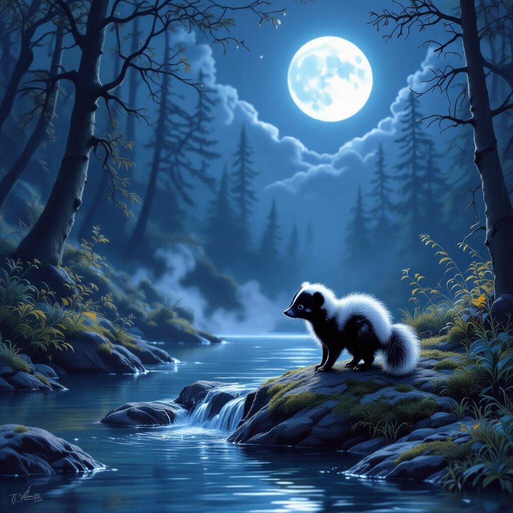Baby Skunk by Moonlit Waterfall in Mystical Forest