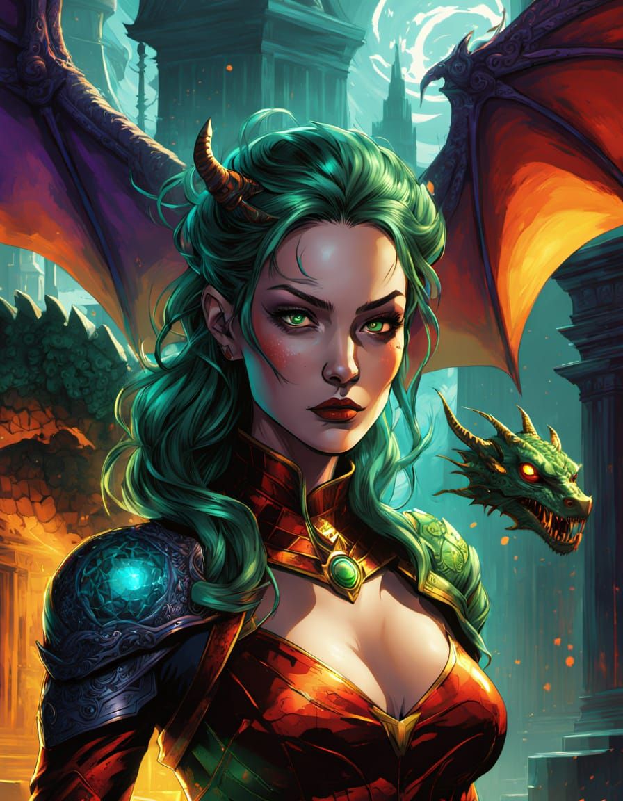 Ancient Emerald dragon. Beautiful Detailed Horror girl. very scary. monsters in the background. demons and ghost. haunte...