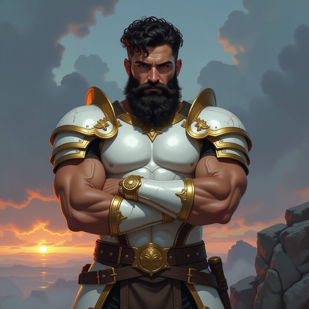 Armored Warrior Overlooks Battlefield in Dramatic Style