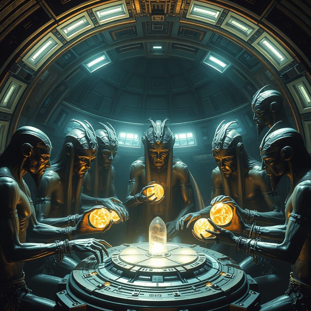 Ancient Gods Forge Humanity in Futuristic Chamber