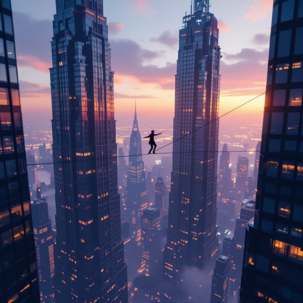 Lone Tightrope Walker Between Skyscrapers, Photo-Realistic