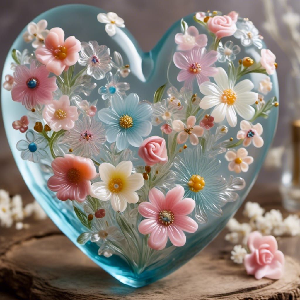 Glass Heart Filled with Pastel Flowers