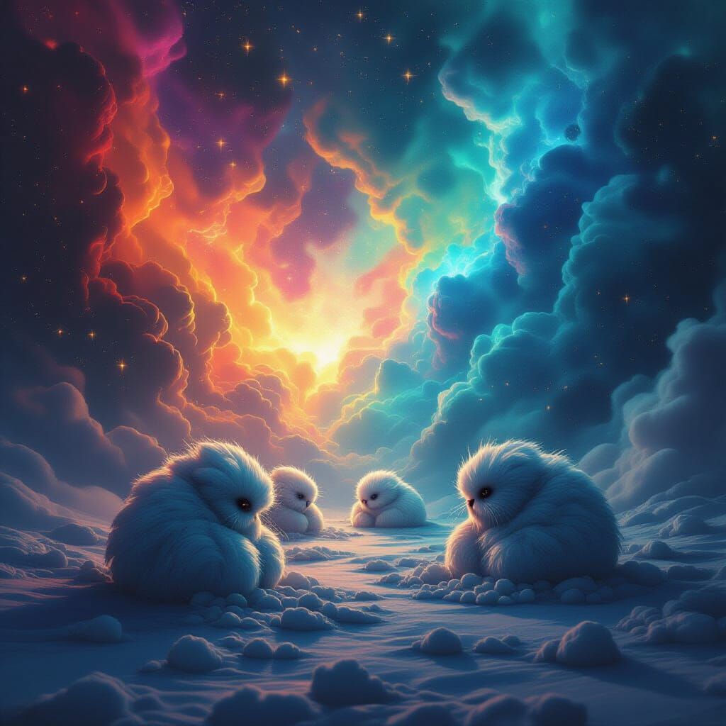 Dust Bunnies in Infinite Void, Hyperrealistic Splash Art