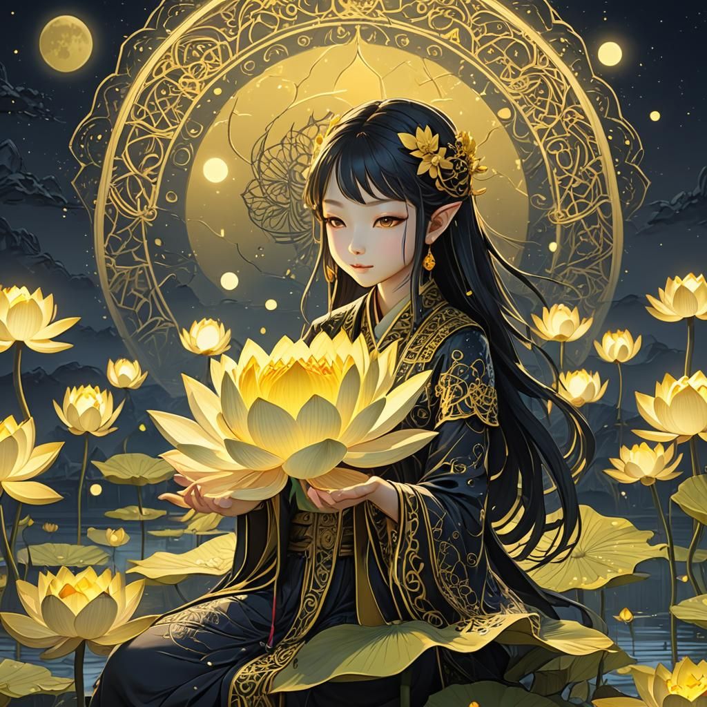 Glowing Yellow Lotus in 3D Anime Style