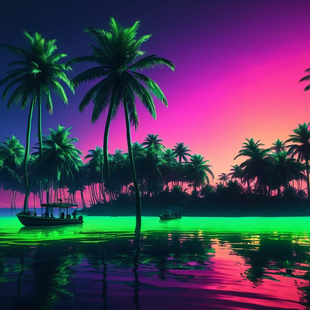 Neon Sunset Over Neon Lagoon with Silhouetted Palm Trees