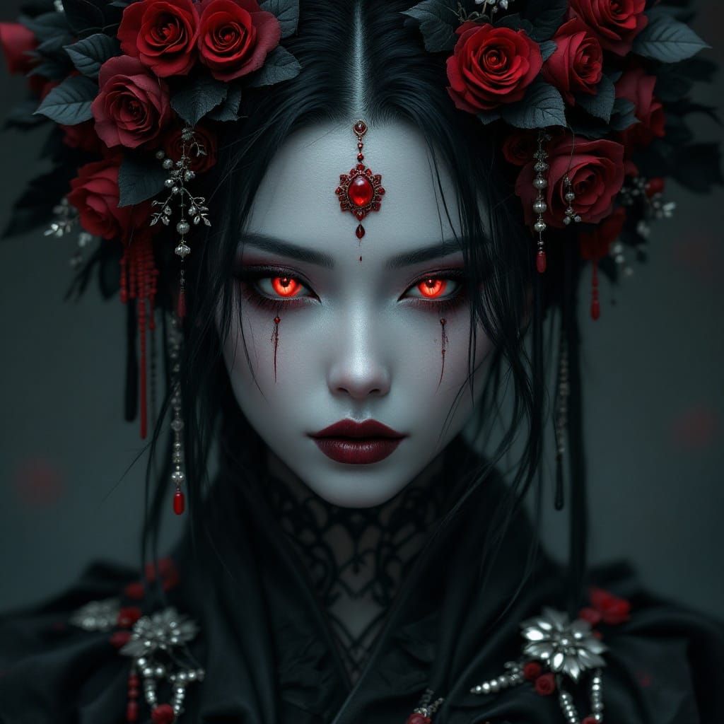 Enchanted Native Goddess with Black and Red Roses
