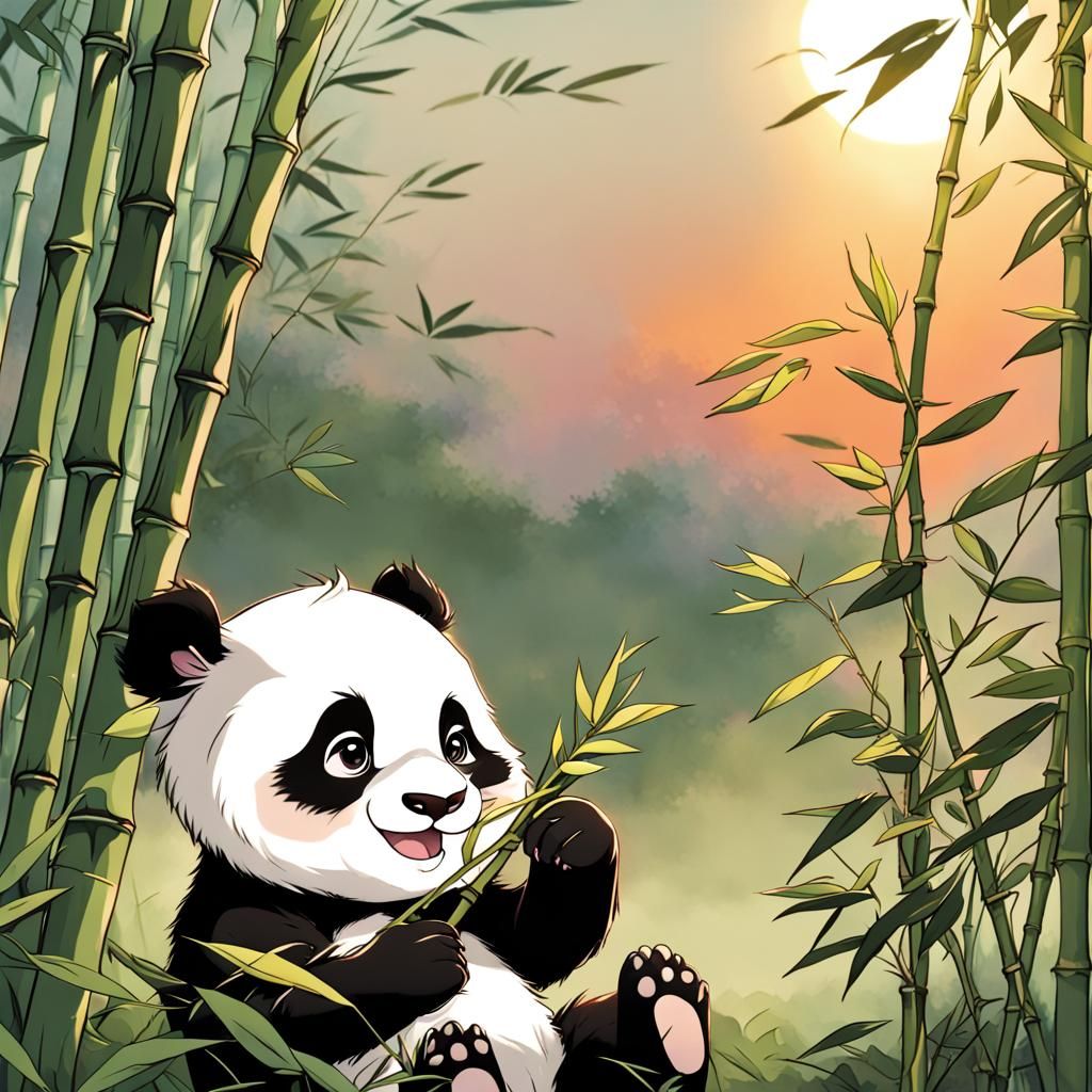 Happy Baby Panda Eating Bamboo: Anime Style