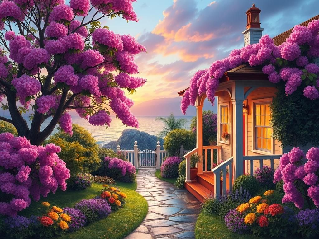Serene Garden Lighthouse Ocean View in Kinkade Style